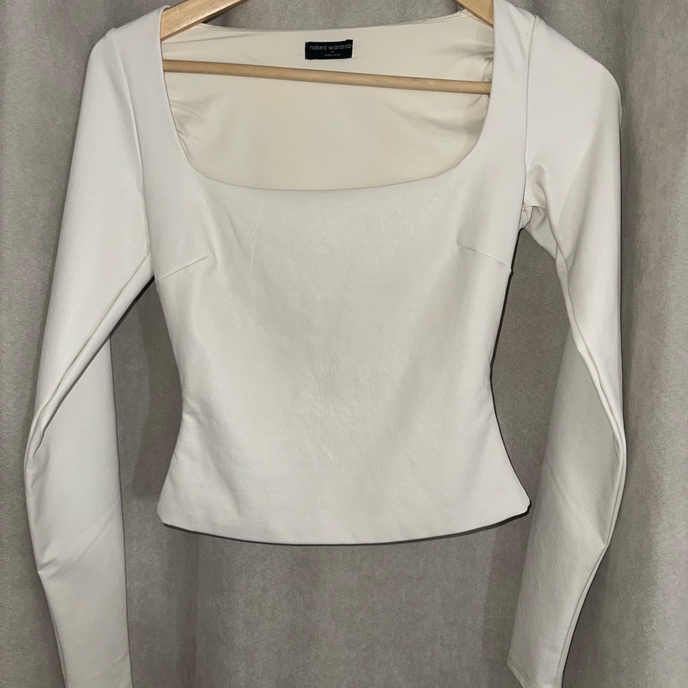 Naked Wardrobe White Faux Leather Square Neck Long Sleeve Top